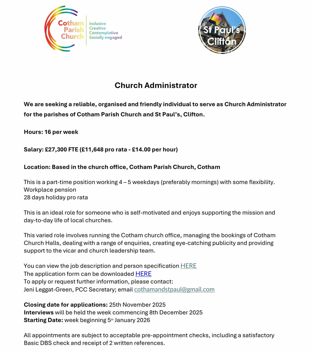 Church Administrator advert No